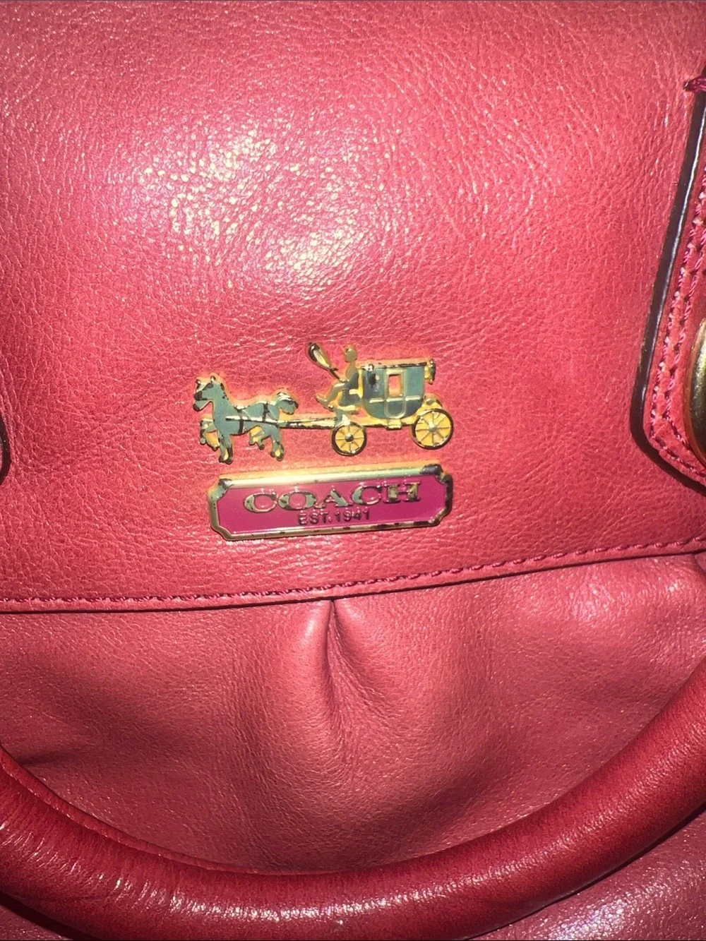 Coach Coral-Red Leather Satchel with Gold Accents